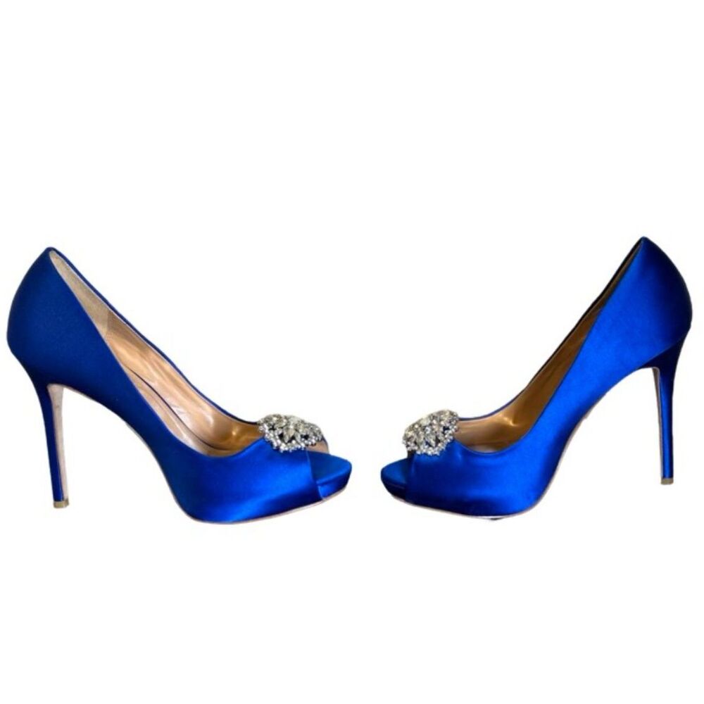 Electric blue satin 4 inch stiletto pumps with crystal brooch - Picture 2 of 6
